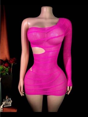 One-Shoulder Hot Pink Bodycon Dress One Size